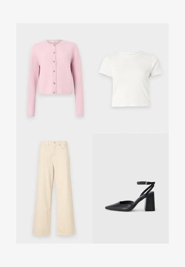 JDY JDYCHLOE LIFE L/S NOOS - Casaco de malha - sweet lilac; T-shirt branca curta feita de algodão, com mangas curtas, um decote redondo e uma bainha reta, apresentando uma textura suave e um design minimalista.; Jeans de perna larga bege feitos de algodão. Apresentam um fecho de botão, passadores para cinto e bolsos frontais com uma textura lisa e suave.; Sandal com biqueira afilada em couro preto, com cinta no tornozelo e salto grosso. Textura lisa, design elegante e estética minimalista.