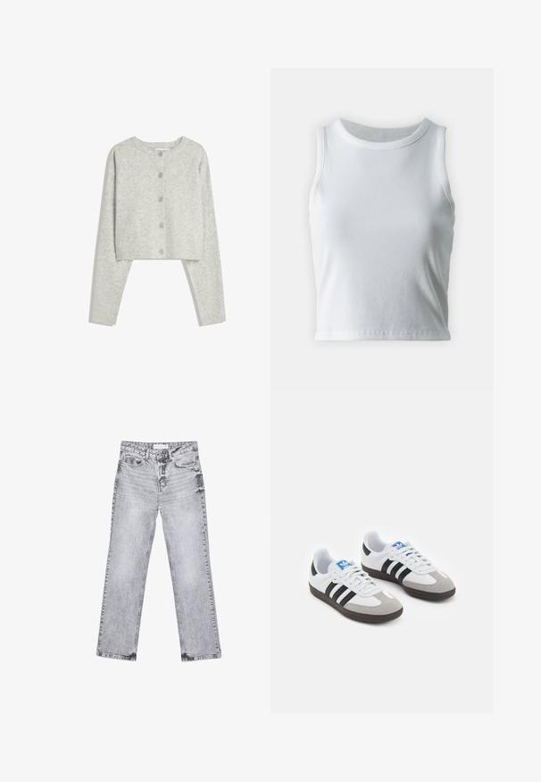 Lichtgrijze geknipte cardigan met lange mouwen, ronde halslijn en vijf voorknopen op een witte achtergrond.; Witte geribde tanktop met een ronde halslijn en mouwloos ontwerp, voorzien van een rechte zoom en een gladde, rekbare textuur.; Grijze denim jeans met een rechte pijp, versleten details, vijf zakken en koperen klinknagels. De tailleband is voorzien van een logo-label.; Sportschoenen met een witte leren bovenkant, grijze suède neus en drie zwarte strepen. Bevat een blauw logo op de tong en een gestructureerde rubberen zool.