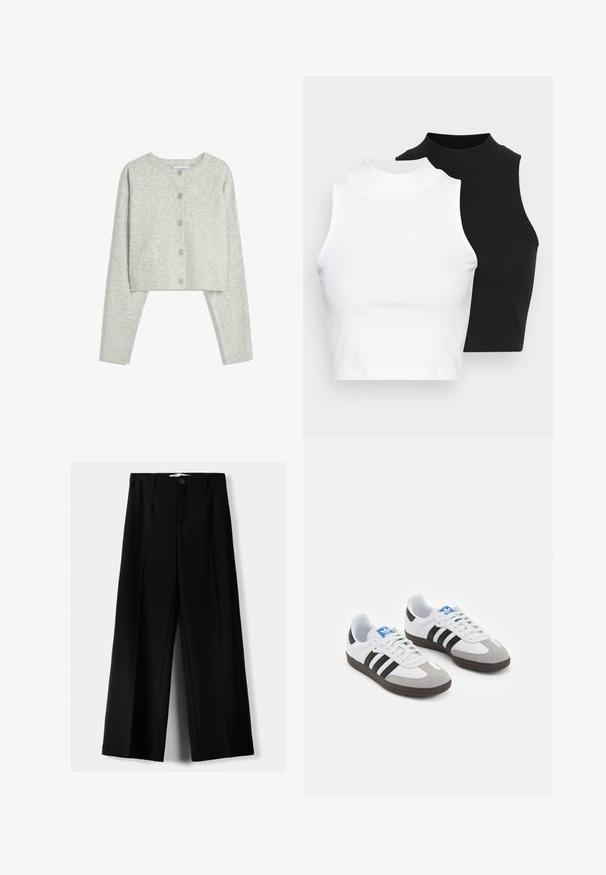 Ljusgrå kort cardigan med långa ärmar, rund halsringning och fem framknappar på en vit bakgrund.; Två ärmlösa ribbade polotröjor i svart och vitt, med en figursydd design och slät textur, i en kortad längd.; Svarta vida byxor i lätt material, med knappstängning fram och platt front, samt väl sydda fållar.; Sportskor med överdel i vit läder, grå mocka på tårna och tre svarta ränder. Har en blå logotyp på tungan och en texturerad gummisula.