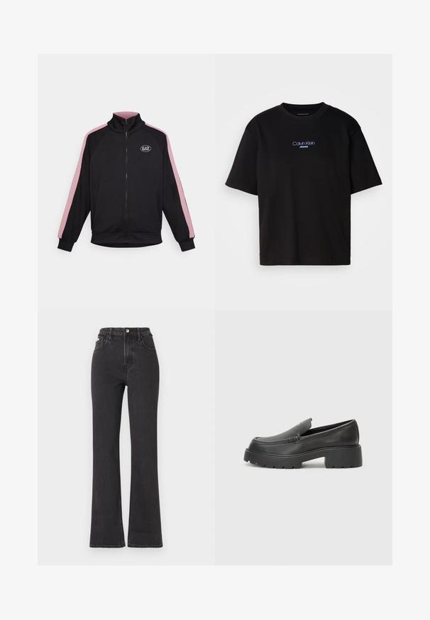 Črna zip-up jakna z visokim ovratnikom, kontrastnimi roza stranskimi črtami in značko. Narejena iz mehkega blaga z rebrastimi manšetami in robom.; Črna bombažna majica s krožnim izrezom, kratkimi rokavi in modrim vezenim logotipom "Calvin Klein JEANS" na sprednji strani.; Črne kavbojke s visokim pasom in razširjenimi hlačnicami, narejene iz denima, z gumbom za zapiranje, zankami za pas in stranskimi žepi. Gladka tekstura z minimalnim bledenjem.; Črne usnjene loafers čevlje z zaobljenim nosom, debelim teksturiranim podplatom in minimalnimi šivi. Elegantna zasnova brez vidnih vezalk ali kovinskih delov.
