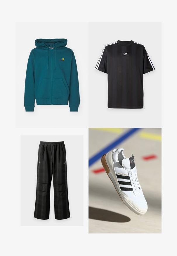 Tirkizna zip-up kapuca s prednjim žepom, podesivom kapuljačom s vezicom i izvezenim logotipom na grudima. Mekana tekstura od pamučne mješavine.; Crna majica s kratkimi рукави in belimi трими črtami na ramah ter majhnim belim logotipom na prsih. Gladka tekstura tkanine.; Črne karirane hlače z elastičnim pasom, dvema sprednjima žepoma in ohlapnim krojem s pravimi nogavicami. Narejene so iz lahke tkanine.; Beli Adidas Mundial Goal športni copat z črnimi črtami in gumijastim podplatom, prikazan v zraku nad športnim igriščem z barvnimi črtami.