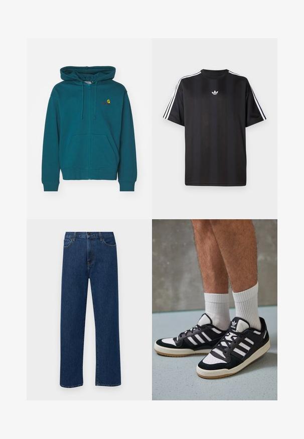 Teal zip-up hoodie met een voorzak, verstelbare trekkoordcapuchon en geborduurd logo op de borst. Zachte katoenmix textuur.; Zwarte t-shirt met korte mouwen, voorzien van een witte drievoudige streep op de schouders en een klein wit logo op de borst. Glad textiel.; Donkerblauwe rechte denim jeans met frontzakken en een knoopsluiting, weergegeven op een effen witte achtergrond.; Zwart-witte sneakers met een bovenwerk van suede en leer, voorzien van drie witte strepen, een geperforeerde neus en een rubberen gumzool.