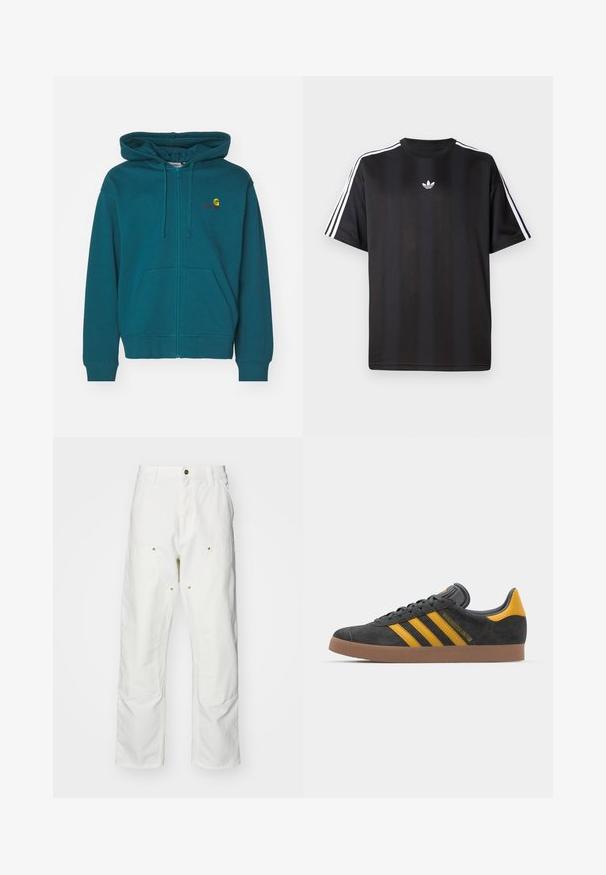 Teal Farbener Reißverschluss-Hoodie mit einer Fronttasche, verstellbarem Kordelzug an der Kapuze und gesticktem Logo auf der Brust. Weicher Baumwollmischstoff.; Schwarzes T-Shirt mit kurzen Ärmeln und weißen drei Streifen an den Schultern sowie einem kleinen weißen Logo auf der Brust. Glatte Stofftextur.; Weiße Baumwoll-Cargohose mit lockerer Passform. Zu den Merkmalen gehören Fronttaschen, goldfarbene Hardware-Akzente und verstärkte Kniebereiche.; Schwarze Wildledersneaker mit gelben Akzenten, ausgestattet mit drei Streifen und einer braunen Gummisohle. Enthält eine gepolsterte Zunge für zusätzlichen Komfort.