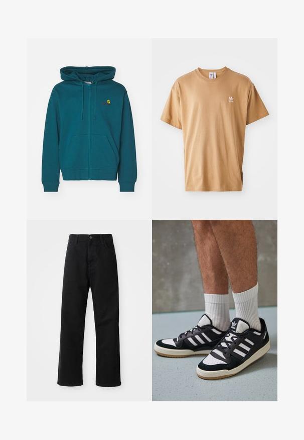 Tamsiai žalia zip-up džemperis su priekinėmis kišenėmis, reguliuojamą gobtuvu ir siuvinėtu logotipu ant krūtinės. Minkšta medvilnės mišinio tekstūra.; Ruda medvilnės marškinėliai su apvaliu kaklu ir trumpomis rankovėmis. Kairėje krūtinės pusėje yra mažas baltas Adidas logotipas. Minkšta tekstūra, laisvas siluetas.; Juodo džinsinio audinio keliaraiščiai su tiesia iškarpa, turintys priekinės kišenes, užtrauktuką ir vieną viršutinį mygtuką. Audinys tekstūruotas, su matinio paviršiaus apdaila.; Juodos ir baltos sportinės bateliai su zomšiniu ir odiniu viršumi, su trimis baltomis juostelėmis, perforuota koja ir guminėmis padais.