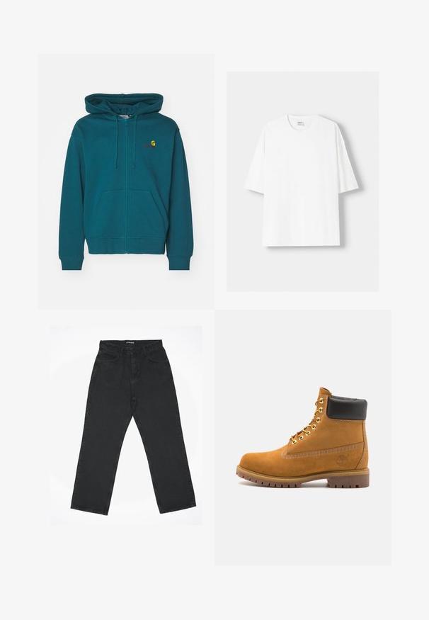 Turkos zip-up hoodie med en framficka, justerbar dragsko på huvan och broderad logotyp på bröstet. Mjuk bomullsblandning.; Vit t-shirt med kort ärm, tillverkad av bomull, med rund halsringning och en avslappnad passform. Slät yta utan synliga mönster eller detaljer.; Svarta högmidjade raka jeans med framfickor och knappstängning, liggande platt på en vit bakgrund.; Tan mockasins ankelstövlar med svart vadderad krage, guldmetallöglor, vit sömdekor och slitstöt gummisula med utmärkta mönster.