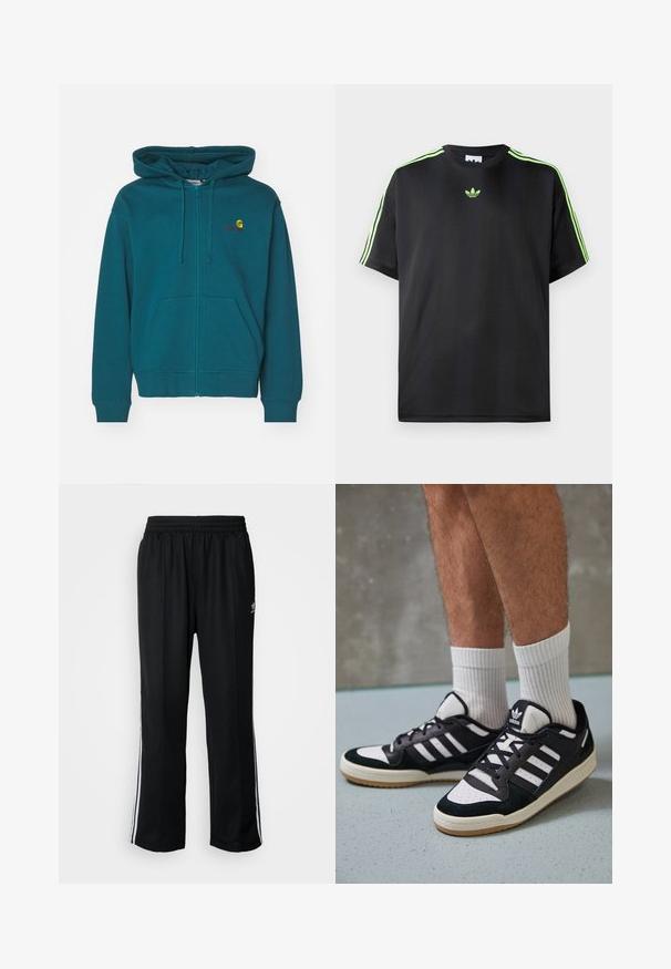 Türkiisi sinine tõmblukkidega kapuutsiga sviiter, millel on ees tasku, reguleeritav kapuutsi nöör ja tikandlogoga rinnal. Pehme puuvilla ja sünteetika segu tekstuur.; Mustade särk, mis on valmistatud siledast kangast, ümmarguse kaelusega, millel on kolm roheline triipu õlgadel ja väike roheline logo rinnal.; Mustad mustad spordipüksid elastse vöökohaga, millel on valged küljeread ja väike logo. Materjal tundub pehme ja kerge.; Mustvalged ja valged spordijalatsid, mille pealmine osa on valmistatud suede'ist ja nahast. Kingadel on kolm valget riba, auguline varvas ja kummist tald.