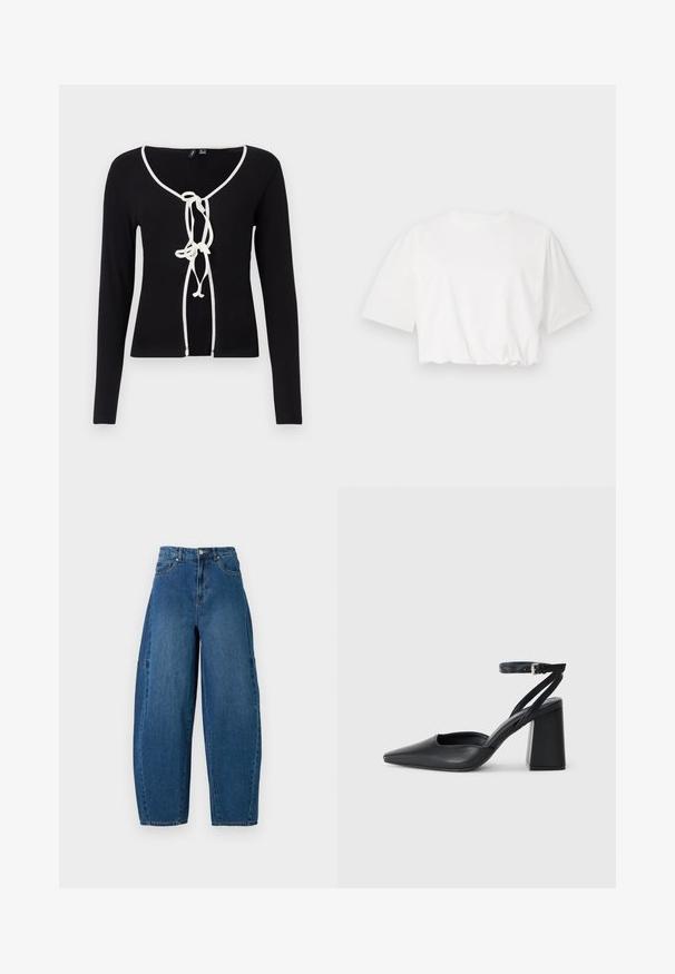 Fekete, hosszú ujjú felső V-nyakkivágással, fehér díszítéssel és dekoratív masni zárással az elején. Ráncos anyagból készült.; Fehér, rövid puff ujjú, környakú, és ráncolt alsó szélű, rövid fazonú póló, puha pamut anyagból.; Közepes kék mosású farmernadrág, magas derékkal, széles lábszárral és hagyományos öt zsebes kialakítással, látható varrási részletekkel.; Fekete bőr, hegyes orrú magassarkú cipő boka pánttal és vastag sarokkal. Sima textúra, elegáns dizájn és minimális esztétika.