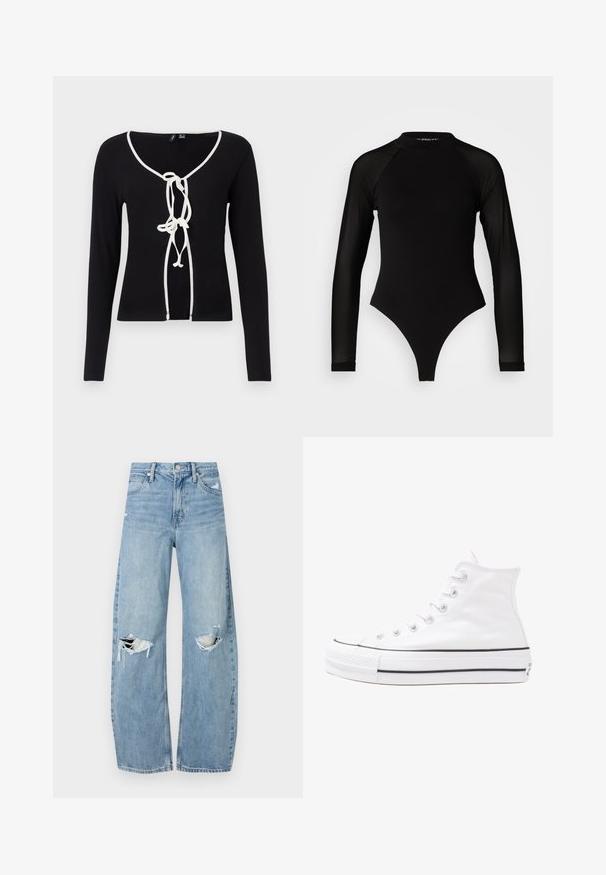 Svart langermet topp med V-hals, med hvit kanting og dekorativ knyting foran. Laget av ribbet stoff.; Svart langermet bodysuit med høy hals, med solid stoff på torselet og gjennomsiktige mesh-ermer, designet i en tettsittende fasong.; Lyseblå høytlivsjeans laget av denim. Har vide bein, to revne knær og klassisk fem-lommers design.; Hvit høy-skinn kanvas sneakers med svart gummisåle, gummitåhette foran og seks hull for snorer, med et rent, minimalistisk design.