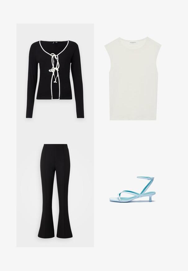 Top preto de manga longa com decote em V, apresentando abas brancas e um fecho decorativo com laço na frente. Feito de um tecido canelado.; Top branco sem mangas com decote redondo. Feito de um tecido liso, apresenta um corte descontraído e um design minimalista. Sem padrões ou detalhes.; Calças largas pretas feitas de um tecido elástico, com uma textura suave, cintura alta e detalhes de costura na frente.; Sandal de tira azul claro com ponta quadrada, salto baixo, tira ajustável no tornozelo e acabamento liso e brilhante. Tiras cruzadas na palmilha.