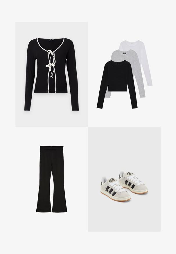 Svart langermet topp med V-hals, med hvit kanting og dekorativ knyting foran. Laget av ribbet stoff.; Tre lange ermer t-skjorter stablet: svart, grå og hvit. Hver har en rund hals og et kort design med glatt, lett stoff.; Sorte flared leggings laget av stretchy stoff. Har en bred midjebånd og en glatt tekstur, med en tettsittende silhuett som blir videre nedover.; Grå semsket sneakers med hvite lisser, svarte striper og en hvit gummisåle. Har en sirkulær logo på tungen og en gummisåle.