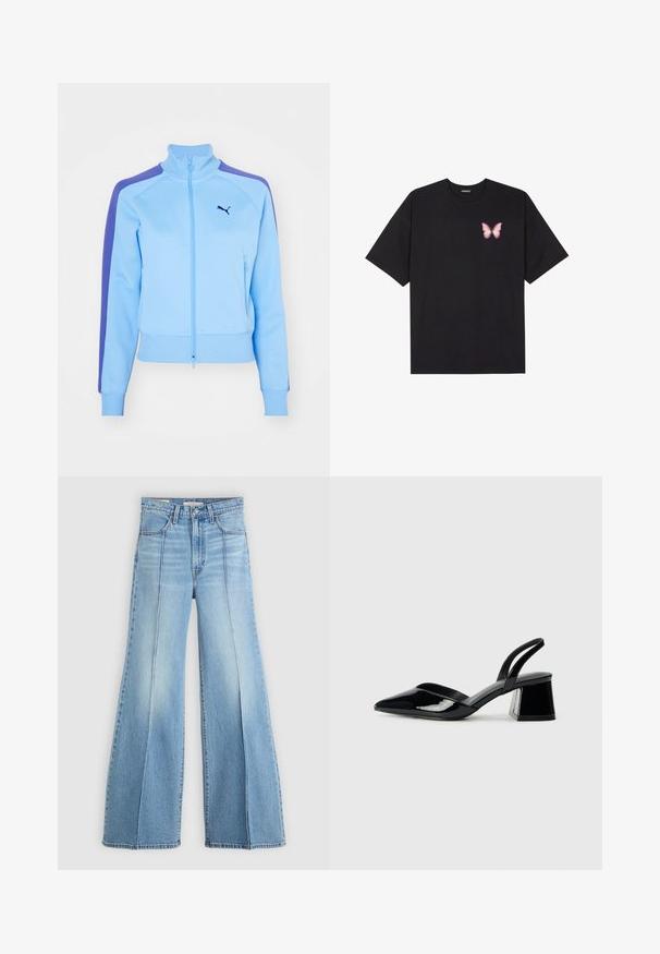 Světle modrá zipová bunda s stojáčkem, fialovými pruhy na ramenech a předními kapsami. Má žebrované manžety a lem, s logem na hrudi.; Černé bavlněné tričko s krátkým rukávem, na levém prsou s malou grafikou růžové motýlky. Design s kruhovým výstřihem a volným střihem.; Světle modré džíny s vysokým pasem a širokými nohavicemi, s předními a zadními kapsami, poutky na opasek a vertikálními švy na přední části.; Černé lakované kožené lodičky na pásku s špičatou špičkou a geometrickým blokovým podpatkem. Vyznačují se elegantním, minimalistickým designem a hladkým povrchem.