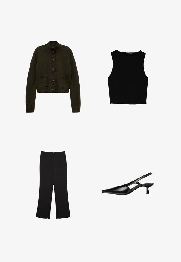 Tmavozelený pletený kardigán s vysokým golierom, päť gombíkovým zapínaním a dvoma prednými vreckami. Má rebrované manžety a lem.; Čierny bezrukávový crop top vyrobený z hladkej tkaniny, so zaobleným výstrihom a čistým, jednoduchým dizajnom bez vzorov alebo kovania.; Čierne nohavice so strihom rovného strihu, s prednými vreckami a bočnými rozparkami na leme. Vyrobené z mäkkej, hladkej tkaniny. Vhodné na rôzne príležitosti.; Čierne lakované kožené lodičky na podpätku s špicatou špičkou, výrezovým dizajnom na boku a malým štvorcovým podpätkom. Hladký povrch s minimálnymi akcentmi.