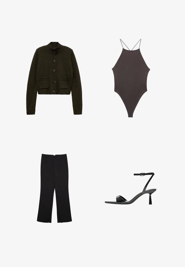 Temno zelena pletena jopica z visokim ovratnikom, petimi gumbi in dvema sprednjima žepoma. Ima rebraste manšete in rob.; Rjav, enodelni kopalke z visokim ovratnikom in tankimi nastavljivimi naramnicami; ima visok rez na nogah in gladko teksturo. Brez vzorcev ali okrasnih elementov.; Črne hlače ravnega kroja z naglavnimi žepi in stranskimi razporki na robu. Narejene iz mehke, gladke tkanine. Primerne za različne priložnosti.; Bershka Sandali z visoko peto - black