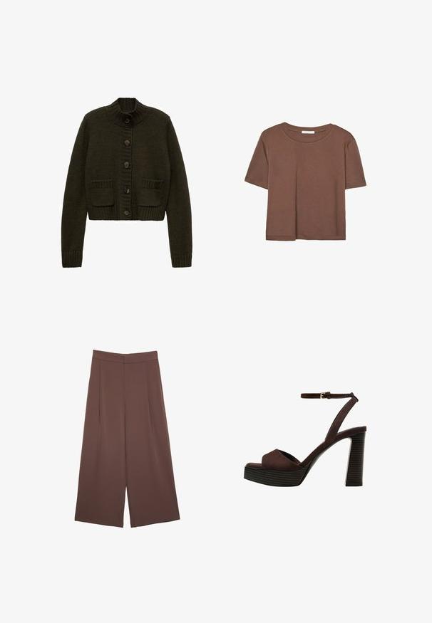 Dunkelgrüne Strickjacke mit hohem Kragen, fünf Knöpfen und zwei vorderen Taschen. Mit gerippten Bündchen und Saum.; Braunes, kurzärmliges T-Shirt aus weichem Material mit rundem Halsausschnitt und lockerer Passform. Keine sichtbaren Muster oder Akzente.; Braune Weite-Leg-Hosen mit einer glatten Textur, hoher Taille und Vorderfalten. Der Stoff ist leicht und fällt locker.; Braune Wildleder-Pumps mit offenem Zeh, verstellbarem Knöchelriemen und gestreiftem Plateausohlen.
