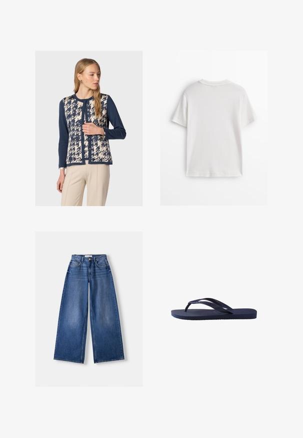 Cardigan blu navy con un fronte a motivi crema e blu navy, con scollatura rotonda, maniche lunghe e chiusura a bottoni.; Maglietta bianca in cotone con maniche corte, collo rotondo e tessuto liscio. Il retro è semplice, senza motivi o disegni aggiuntivi.; Bershka WIDE-LEG - Wide Leg - dark blue; Infradito blu navy con cinturini e suola in gomma testurizzata, caratterizzati da un motivo ondulato sui cinturini e un plantare piatto e rigato.