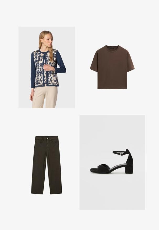 Granatowy kardigan z kremowym i granatowym wzorem z przodu, z okrągłym dekoltem, długimi rękawami i zapięciem na guziki.; Brązowa bawełniana koszulka, krótki rękaw, okrągły dekolt, luźny fason, gładka tkanina, minimalistyczny design, bez widocznych wzorów czy akcentów.; Ciemnozielone spodnie dżinsowe typu wide-leg wykonane z mieszanki bawełny, z zamkiem na guzik z przodu, pięcioma kieszeniami i klasycznym przeszyciem dżinsowym.; Czarne zamszowe sandały na obcasie z cienkim paskiem wokół kostki, otwartym noskiem i skromnym słupkowym obcasem. Gładka faktura i minimalne akcenty.