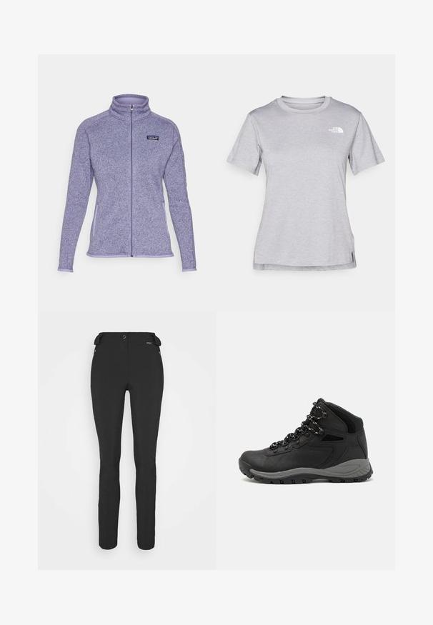 Lila flis jakna z visokim ovratnikom, polnim zadrgo, dvema stranskima žepoma, kontrastno svetlo lila obrobo in logotipom Patagonia na prsih.; Siva kratka majica s kratkimi rokavi, izdelana iz mehkega, vlago odvračajočega materiala. Ima okroglo izrez in majhen bel logotip na zgornji levi strani.; Črne prileganje hlače, izdelane iz fleksibilnega materiala. Značilnosti vključujejo žep z zadrgo na strani, artikulirana kolena in gladko teksturo.; Črne pohodniške čevlje z srednje visokim dizajnom, ki imajo teksturirano zgornji del, sivi dodatki in vzdržljiv gumen podplat s protizdrsnimi izboklinami.