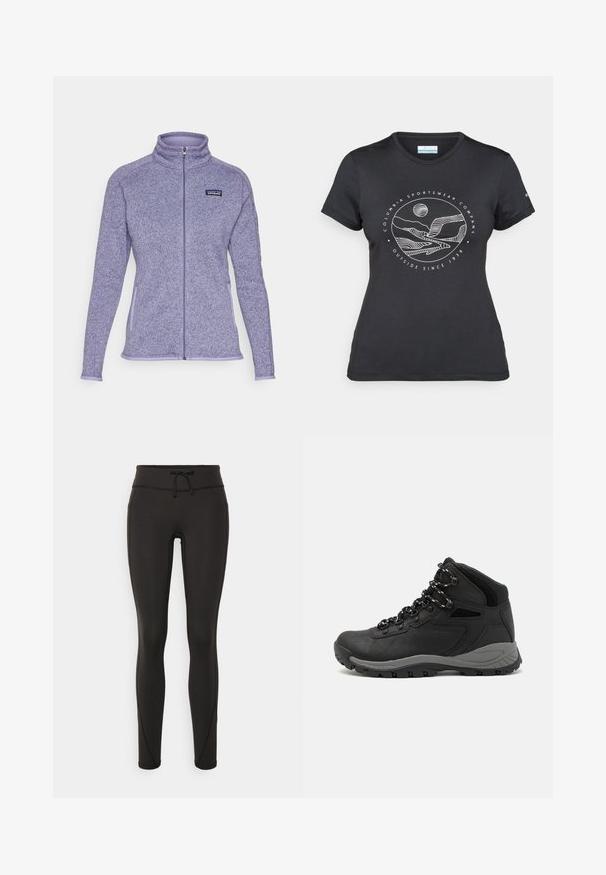Lilla fleece-jope kõrge kaelusega, täispikk tõmblukk, kaks küljetaskut, kontrastne heleda lilla äär ja Patagonia logo rindkerel.; Musternine Columbia T-särk mustas värvuses, millel on valge ümmargune mägi ja jõe joonistus ning tekst "Columbia Sportswear Company Outside Since 1938."; Mustad kõrge vöökohtadega mustad retuusid, paelaga, sileda tekstuuri ja sobiva disainiga. Külgedel on õmblusdetailid.; Mustarjaline matkasaabas, millel on keskmine disain, tekstuuriga ülemine osa, hallid aktsendid ja vastupidav kummist põhi, millel on haardelugesid.