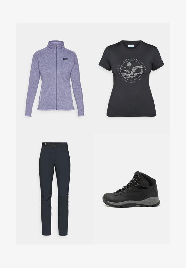 Lila polárdzseki magas gallérral, teljes cipzárral, két oldalsó zsebbel, kontrasztos világoslila díszítéssel és Patagonia logóval a mellkason.; Fekete Columbia póló fehér, kör alakú hegy és folyó vonalrajzzal, valamint a "Columbia Sportswear Company Outside Since 1938" felirattal.; Férfi kültéri nadrág, sötétszürke, rugalmas anyagból készült, övvel, cipzáros zsebekkel és megerősített varratokkal.; Fekete túracipő közepes magasságú kialakítással, texturált felsőrésszel, szürke részletekkel és strapabíró gumitalppal, amelynek tapadós kiemelkedései vannak.