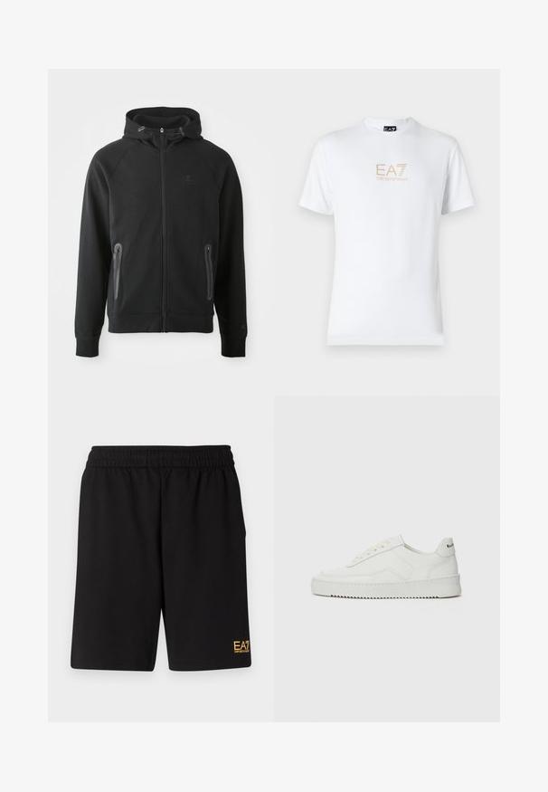 Černá mikina s kapucí vyrobená z měkké látky, s raglanovými rukávy, dvěma kapsami na zip a malým logem na prsou.; Bílé bavlněné tričko s kulatým výstřihem a krátkým rukávem, na přední straně s potiskem zlatého loga EA7 Emporio Armani.; Černé sportovní šortky vyrobené z měkké látky, s elastickým pasem a malým žlutým logem EA7 na dolní části levé nohy.; Bílé kožené tenisky s hladkým povrchem, kulatou špičkou, plochými tkaničkami a texturovanou podrážkou. Na patě se nachází nenápadné logo.