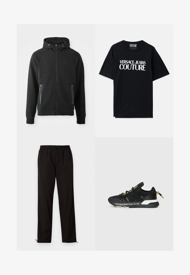 Svart hettejakke med glidelås laget av mykt stoff, med hette, raglanermer, to glidelåslommer og en liten logo på brystet.; Svart bomullst-skjorte med korte ermer, prydet med stor hvit tekst "VERSACE JEANS COUTURE" på forsiden. Klassisk rund hals design.; Sorte, lette bukser med elastisk linning, snøring og glidelås i nederkant for justerbar passform. Glatt, slank tekstur.; Sorte atletiske sneakers med et strømlinet design, som har gullmerke, elastiske snører og en teksturert såle med hvite detaljer.