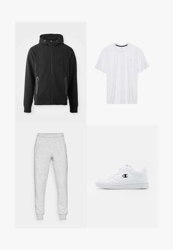 Sort lynlås hættetrøje lavet af blødt stof, med hætte, raglanærmer, to lynlåslommer og et lille logo på brystet.; Hvid crewneck t-shirt lavet af bomuld, med korte ærmer og et lille logo broderet på venstre brystområde. Blød tekstur.; Grå sweatpants lavet af blød bomuldsblanding, med elastisk talje, snævre ben og et lille logo i venstre lommeområde.; Hvide atletiske sneakers med en glat syntetisk overdel, sort logoaccent og perforerede detaljer på siden. Gummisål.