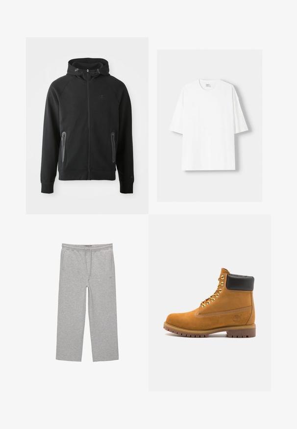 Zwarte zip-up hoodie van zachte stof, met een capuchon, raglanmouwen, twee met rits dichtbare zakken en een klein logo op de borst.; Witte t-shirt met korte mouwen, gemaakt van katoen, met een ronde halslijn en een relaxte pasvorm. Gladde textuur, zonder zichtbare patronen of accenten.; Grijze katoenen loungebroeken met een elastische tailleband, trekkoord en twee zijzakken; rechte pijpen, zachte textuur, zonder patronen.; Tan suède enkelboot met zwart gevoerd kraagje, gouden metalen oogjes, witte stikdetails en een robuuste rubberen zool met uitgesproken profiel.