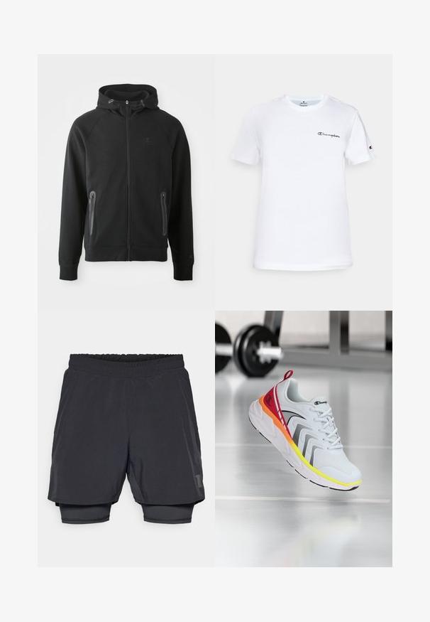 Schwarze Zip-Hoodie aus weichem Stoff, mit Kapuze, Raglanärmeln, zwei mit Reißverschluss versehenen Taschen und einem kleinen Logo auf der Brust.; Weißes Baumwoll-T-Shirt mit rundem Halsausschnitt, kurzen Ärmeln und schwarzem gesticktem "Champion"-Logo auf der Brust und am Ärmel.; Schwarze Sportshorts mit elastischem Bund, schichtweise Design und angepasster Innenauskleidung. Mit einem dezenten Logo an der unteren Seite.; Weiße Sportschuhe mit einem Obermaterial aus Mesh, bunten Akzenten in Rot, Orange und Gelb, mit einer strukturierten Sohle und schwarzen Details.