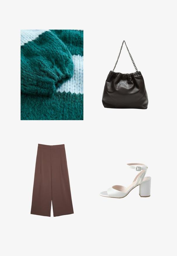 Teal gebreide sweater met een ribbelmanchet en een contrasterend wit streepdesign. Zachte textuur met losse, pluizige garen details.; Donkergrijze top met korte mouwen en een bootnek. Gemaakt van ribbelstof, met een relaxte pasvorm en een nette zoom. Eenvoudig ontwerp, geen patronen.; Bruine wijde broek met een gladde textuur, voorzien van een hoge taille en plooien aan de voorkant. De stof is lichtgewicht en valt losjes.; Witte hoge hak sandalen met een glanzende satijnen bovenkant, brede blokhak en enkelbandje met een kleine gesp. Glad van textuur, minimalistisch ontwerp.; Bruine leren tas met een geplooide bovenkant en een kettinghengsel. Glad textuur met een glanzende afwerking en subtiele naaddetails aan de zijkanten.