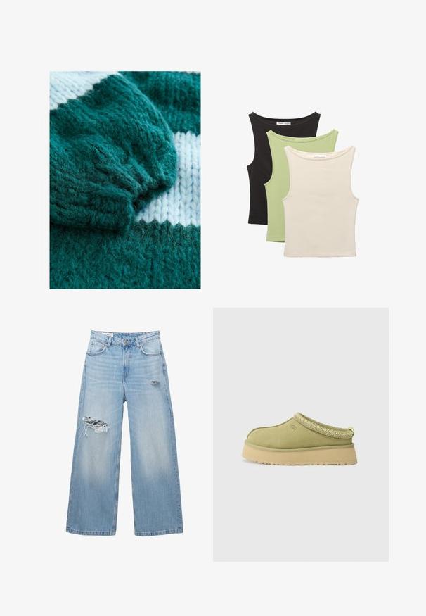 Tirkizni pleteni pulover s rebrastim rukavom i kontrastnim bijelim prugama. Mekana tekstura s labavim, pahuljastim detaljima od pređe.; Trije bezruku majice u crnoj, svijetlozelenoj i bež boji. Svaka ima okrugli izrez i mekani, rebrasti tekstur.; Svijetloplave široke traperice od denima, s izrezanicama na koljenima i dizajnom s pet džepova. Čisti, ravni rub.; UGG TAZZ II - Klompe - muted brass
