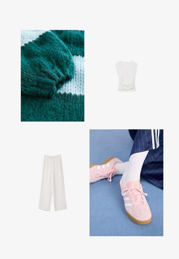 Teal knitted sweater featuring a ribbed cuff and a contrasting white stripe pattern. Soft texture with loose, fluffy yarn details.; White short-sleeve top with a round neckline. Features gathered texture along the sides and a fitted silhouette, made from soft, stretchy material.; White wide-leg trousers made from a lightweight fabric. Features an elastic waistband with a drawstring and side pockets. Smooth texture.; Light pink suede sneakers with white stripes and laces, featuring a textured tongue and a gum sole, placed on a blue carpet.