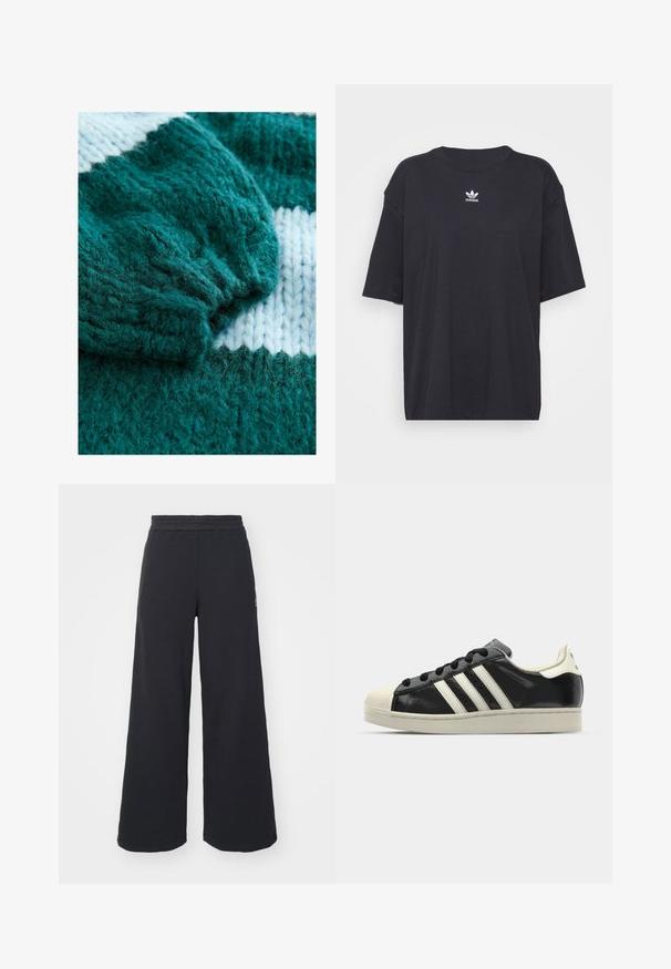 Teal knitted sweater featuring a ribbed cuff and a contrasting white stripe pattern. Soft texture with loose, fluffy yarn details.; Black cotton t-shirt with short sleeves, round neckline, features a white Adidas logo on the chest. Simple design, relaxed fit.; Black wide-leg sweatpants made from soft fabric, featuring an elastic waistband and a small logo on the left side.; Black leather sneaker with white stripes, rubber toe cap, black laces, and a cream-colored outsole. Smooth texture with shiny finish.