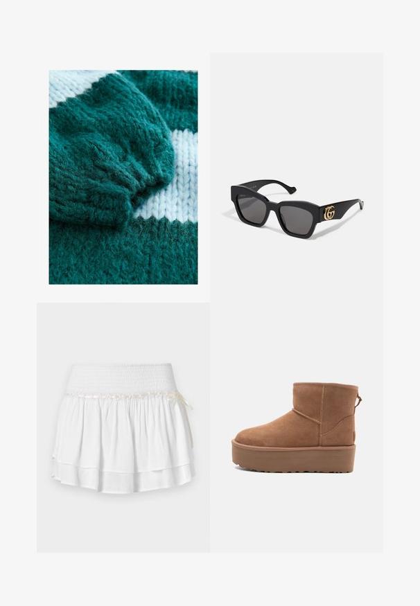 Teal knitted sweater featuring a ribbed cuff and a contrasting white stripe pattern. Soft texture with loose, fluffy yarn details.; White long-sleeve turtleneck shirt made from a smooth, stretchy fabric. Features a snug fit and a high collar. No visible patterns or accents.; White tiered skirt with an elastic waistband, featuring a textured smocking detail and a decorative ribbon accent. Cotton fabric.; Tan suede ankle boot with a platform sole, rounded toe, and stitching accents; features a pull tab at the back for easy wear.; Black rectangular sunglasses with dark lenses, featuring gold GG logo on the side. Made of glossy plastic with straight temple arms.