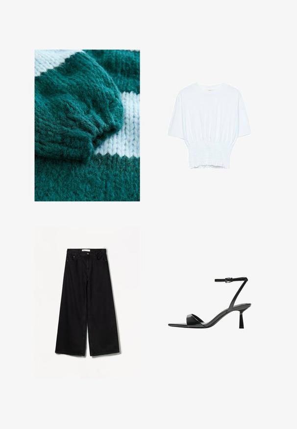 Maglione lavorato a maglia color turchese con polsini a costine e un motivo a strisce bianche in contrasto. Texture morbida con dettagli in filato soffice e vaporoso.; T-shirt bianco a maniche corte con una vestibilità rilassata e una texture smock in vita. Realizzato in tessuto morbido e leggero.; Bershka WIDE-LEG - Wide Leg - black; Bershka Sandali con tacco - black