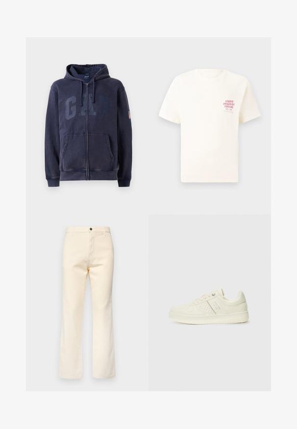 Σακάκι φούτερ με φερμουάρ σε ναυτικό χρώμα, φτιαγμένο από μείγμα βαμβακιού, με μεγάλο λογότυπο "GAP" μπροστά, κουκούλα με κορδόνι και πλαϊνές τσέπες.; Άσπρη κοντομάνικη μπλούζα με κόκκινο κείμενο "Studio Originals Edition" στο αριστερό στήθος, παρουσιασμένη σε ουδέτερο γκρι φόντο.; Κρέμα βαμβακερά τζιν παντελόνια με κανονική λεία γραμμή, διαθέτουν κλείσιμο με κουμπί μπροστά και κλασικό σχέδιο πέντε τσεπών.; Αθλητικό παπούτσι σε κρέμα χρώμα με διάτρητη λεπτομέρεια, κορδόνια και λογότυπο στο πλάι, τοποθετημένο σε λευκό φόντο.