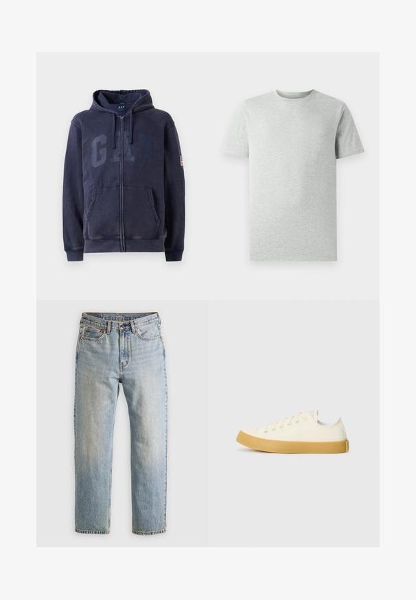 Marineblå zip-up hettegenser laget av bomullsblanding, med stort "GAP"-logo foran, snor i hetta og sidelommer.; Lys grå kortermet T-skjorte med rund hals vist på hvit bakgrunn, frontvinkel uten synlige logoer eller design.; Lys blå denim jeans med høy midje, frontknapp, glidelås og fem-lommers design, lagt flatt på en nøytral bakgrunn.; Canvas sneakers i off-white med rund tå, med beige gummisåler og fem hull for lisser, strukturert finish på overdelen.