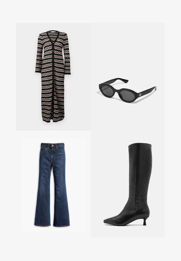 Cárdigan largo con base negra y patrones en zigzag en marrón y crema. Confeccionado en un punto ligero y con botones en la parte delantera.; Blusa de manga larga negra en una tela suave, con un escote amplio y un ajuste ligeramente holgado, sin patrones visibles ni detalles de herrajes.; Jeans de mezclilla de tiro alto en azul oscuro, con piernas acampanadas, cierre delantero de botón y cremallera, y diseño de cinco bolsillos.; Zign Botas - black; Gafas de sol negras en forma ovalada con lentes oscuros y montura de plástico brillante. Presenta un logo dorado en la patilla, ofreciendo un diseño elegante y moderno.