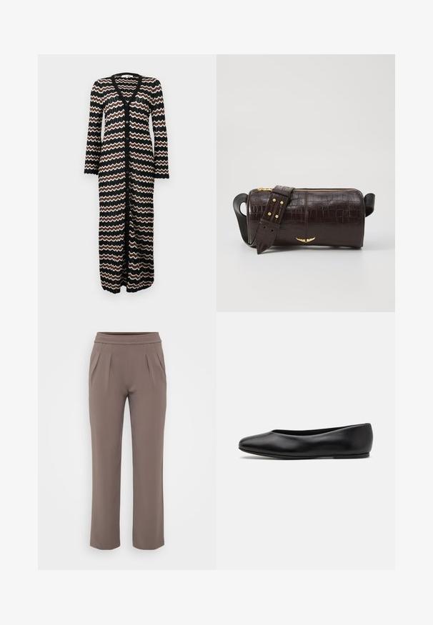 Long cardigan featuring a black base with zigzag patterns in brown and cream. Made from a lightweight knit with buttons down the front.; Long-sleeve, light beige top with a round neckline. Made of soft fabric, features a central seam and slightly curved hem. No visible hardware.; Taupe loose-fit trousers with elastic waistband and front pleats, made from smooth fabric.; Paul Smith TOPANGA - Ballet pumps - black; Brown crocodile-embossed leather bag with a cylindrical shape, gold-tone hardware, and a detachable strap featuring studs.