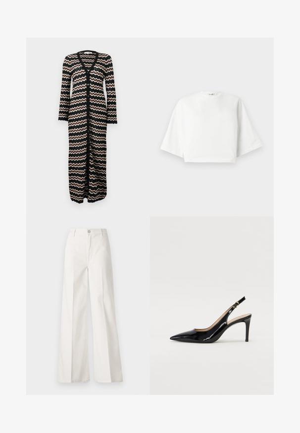 Lange cardigan met een zwarte basis en zigzagpatronen in bruin en crème. Gemaakt van een lichte breiwijze met knopen aan de voorkant.; Witte, cropped t-shirt met een relaxte pasvorm, korte brede mouwen, ronde halslijn en zijsplitten, gemaakt van zacht katoen.; Witte wijde-broek gemaakt van katoen met een gladde textuur. Voorzien van een knoop aan de voorkant, ritsopening en vierzakkenontwerp.; Zwarte gepatineerde leren slingback pump met een puntige neus, slanke hak en een subtiel uitgesneden ontwerp. Bevat een gouden gesp op de band.