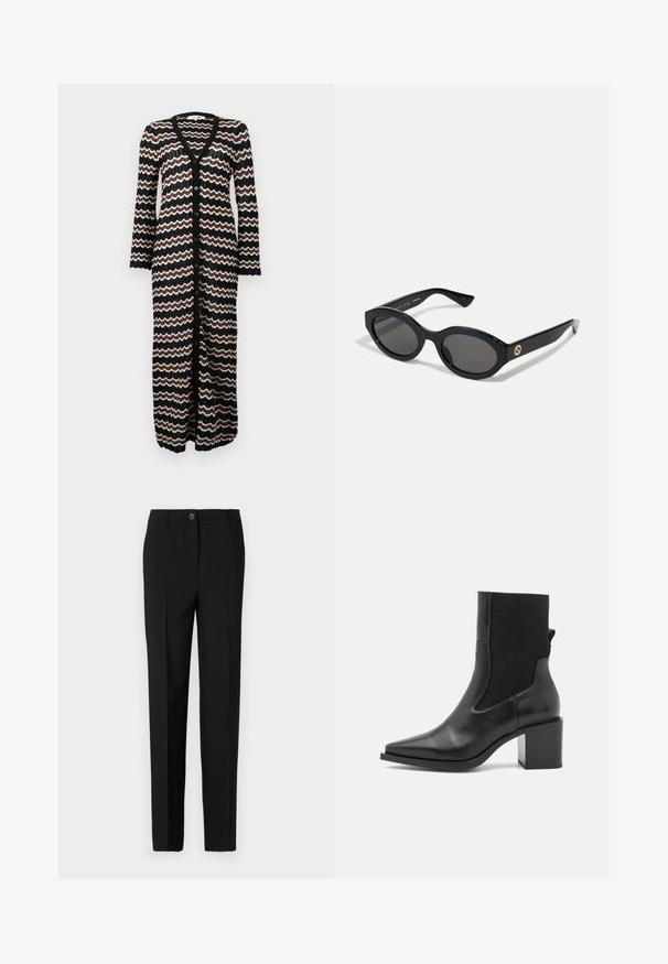 Cárdigan largo con base negra y patrones en zigzag en marrón y crema. Confeccionado en un punto ligero y con botones en la parte delantera.; Top de manga larga con estampado de leopardo y cuello alto, fabricado en tejido elástico. Presenta una base beige con manchas marrones. Textura suave, diseño ajustado.; Pantalones negros ajustados con un diseño de pierna recta, con cierre de botón y trabillas para cinturón, fabricados con tela suave.; Botín negro hasta el tobillo con punta afilada, hecho de cuero suave y tejido elástico. Presenta un tacón cuadrado y un diseño minimalista.; Gafas de sol negras en forma ovalada con lentes oscuros y montura de plástico brillante. Presenta un logo dorado en la patilla, ofreciendo un diseño elegante y moderno.; Bolso de mano de tela con un patrón azul, que presenta una forma curva, una correa de cuero negra y un diseño de logo en un tono más claro.