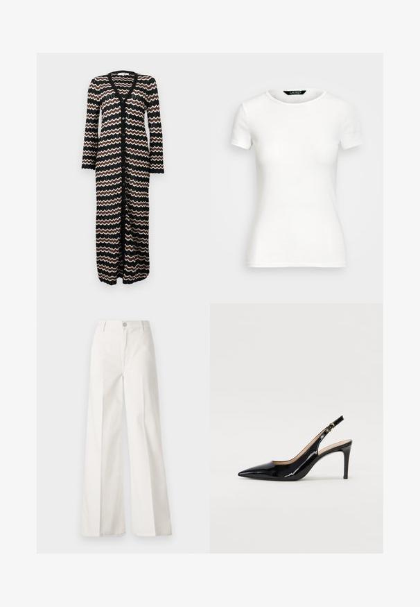 Cardigan lung cu un fundal negru, cu modele în zigzag în nuanțe de maro și crem. Fabricat dintr-un tricot ușor, cu nasturi pe toată lungimea frontală.; T-shirt alb din bumbac, cu mâneci scurte, guler rotund, design ajustat și textură netedă. Etichetă cu logo la guler.; Pantaloni albi cu picioare largi, confecționați din bumbac cu o textură fină. Prezintă un buton în față, fermoar și un design cu patru buzunare.; Pantofi slingback din piele patent neagră, cu vârful ascuțit, tocul subțire și un design discret cu decupaj. Se evidențiază printr-un cataramă aurie pe curea.