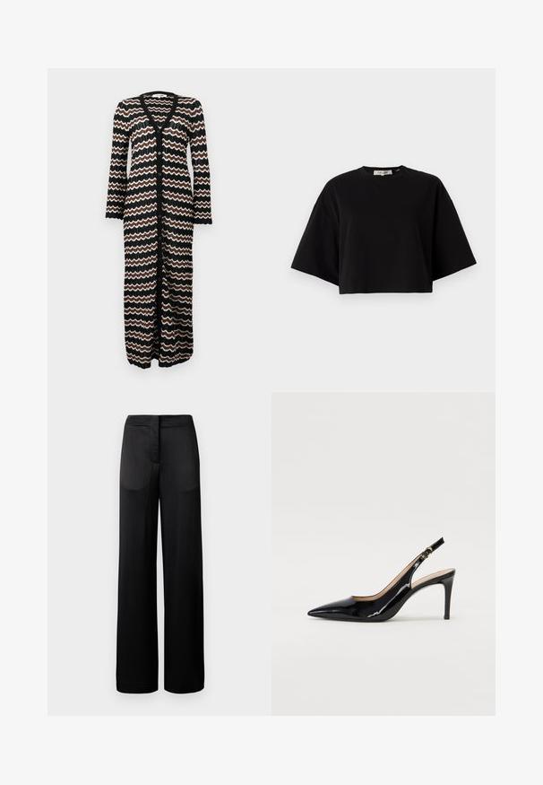 Ilgas kardiganas, pasižymintis juodu pagrindu ir zigzagų raštais rudos ir grietinėlės spalvų. Pagamintas iš lengvo mezginio, su mygtukais priekyje.; Juoda trumpa medvilninė marškinėlių tipo palaidinė, su apvaliu kaklu ir trumpomis, plačiomis rankovėmis, suteikiančiomis laisvą prigludimą. Sklandi tekstūra, paprastas dizainas.; Plati juodų kelnių, turinčių tekstūruotą paviršių, su lygiu juosmeniu ir dviem šoninėmis kišenėmis. Audinys atrodo lengvas ir plazdantis.; Juodas lakinės odos slingback batelis su smailiu nosiu, plonu kulnu ir subtiliu išpjovos dizainu. Yra auksinė sagtis ant dirželio.