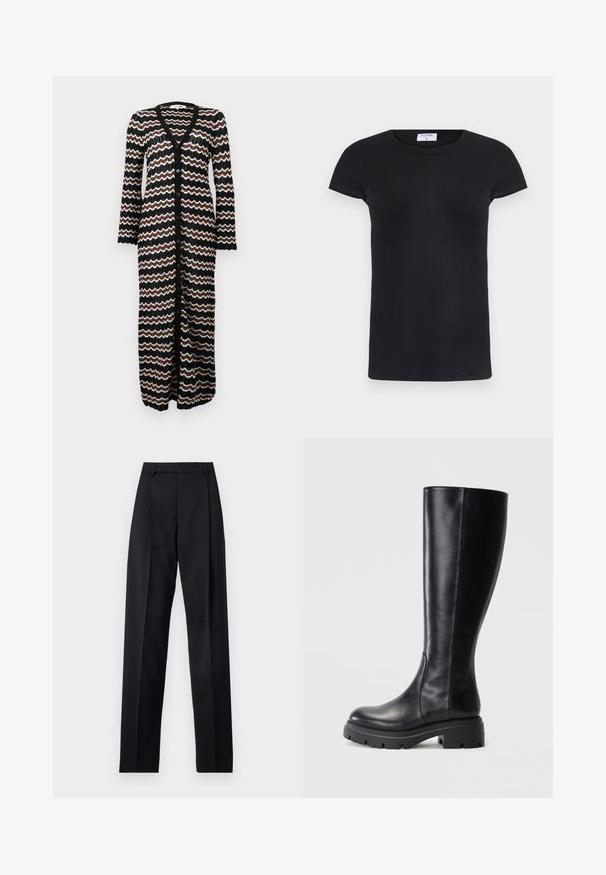 Langer Cardigan mit schwarzem Grund und Zickzackmustern in Braun und Creme. Aus leichtem Strick gefertigt, mit Knöpfen auf der Vorderseite.; Schwarzes geripptes T-Shirt mit rundem Halsausschnitt und kurzen Ärmeln. Weicher Stoff mit figurbetonter Passform, ausgestattet mit einem Etikett am Hals.; Schwarze Hosen aus glattem Stoff mit hoher Taille, weitem Bein, vorderen Falten und klassischen Gürtelschlaufen. Keine sichtbaren Seitentaschen.; Schwarze knielange Stiefel aus glattem Leder, mit runder Spitze und einer robusten Gummisohle mit Profilmustern für besseren Halt.
