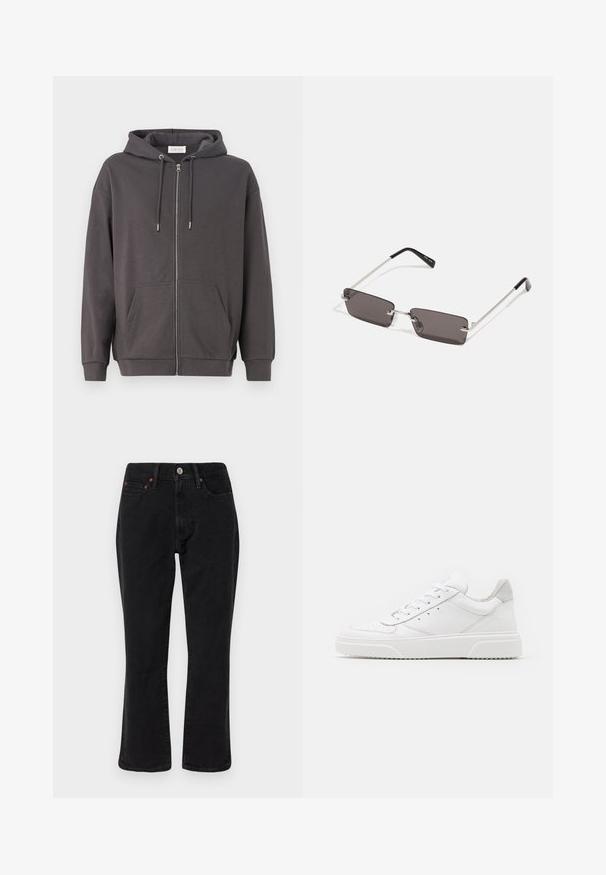 Šedá mikina na zip s kapucí na šňůrku, velkými předními kapsami a žebrovanými manžetami; vyrobená z měkké, hladké tkaniny.; Černá a šedá kostkovaná bunda s límečkem, předním zapínáním na knoflíky a dvěma náprsními kapsami. Vyrobeno z texturované tkaniny.; Černé džíny z denimu s rovnými nohavicemi, pěti kapsami a kovovými doplňky s měděnými akcenty. Hladká textura a střední pas.; Bílé kožené tenisky s hladkým povrchem, zaoblenou špičkou, plochými tkaničkami a texturovanou podrážkou. Šedý semišový detail na patě.; Sluneční brýle s obdélníkovými tmavě šedými skly, stříbrnými kovovými rámy a černými plastovými konci na nožičkách. Lehké provedení s podložkami na nos.