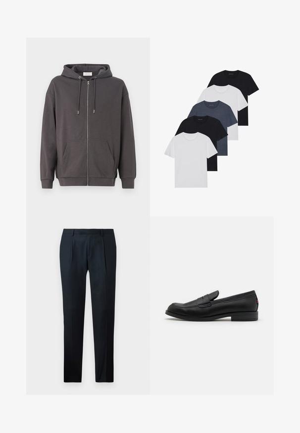 Szara bluza z kapturem na zamek błyskawiczny, z regulowanym kapturem, dużymi przednimi kieszeniami i ściągaczami na mankietach; wykonana z miękkiego, gładkiego materiału.; Zestaw pięciu koszulek w kolorach czarnym, białym i granatowym. Wykonane z bawełny, z krótkimi rękawami, klasycznym dekoltem i gładką fakturą, bez wzorów.; Granatowa, długorękawowa koszula zapinana na guziki z gładkiego materiału. Posiada klasyczny kołnierzyk, zakładkę z przodu z dopasowanymi guzikami oraz mankiety z zapięciem.; Czarne spodnie o dopasowanym kroju, wykonane z gładkiego materiału, z wąskim fasonem, dwoma fałdami z przodu i płaskim pasem bez widocznych elementów hardware.; Czarne skórzane loafersy o gładkim wykończeniu, zaokrąglonym czubku i małym dekoracyjnym klapku. Posiadają niską, warstwową podeszwę oraz subtelny detal z brandingiem.