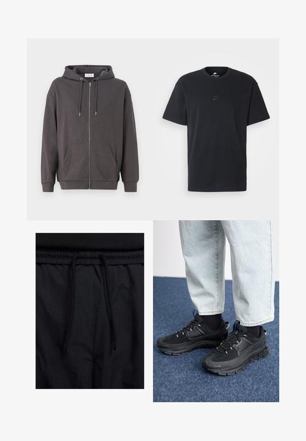 Šedá mikina na zips s kapucňou na sťahovanie, veľkými prednými vreckami a ribbovanými manžetami; vyrobená z mäkkého, hladkého materiálu.; Čierne bavlnené tričko Nike s klasickým okrúhlym výstrihom, krátkymi rukávmi a jemne embosovaným logom na hrudi. Hladká textúra.; Čierne šortky s pásom na stiahnutie, z ľahkej látky s hladkou textúrou a jednoduchým dizajnom bez viditeľných log alebo vzorov.; Čierne športové topánky s textúrovanou tkaninou a gumovou podrážkou, so elastickými šnúrkami a modrým akcentom na päte. Nosia sa s svetlými riflami.