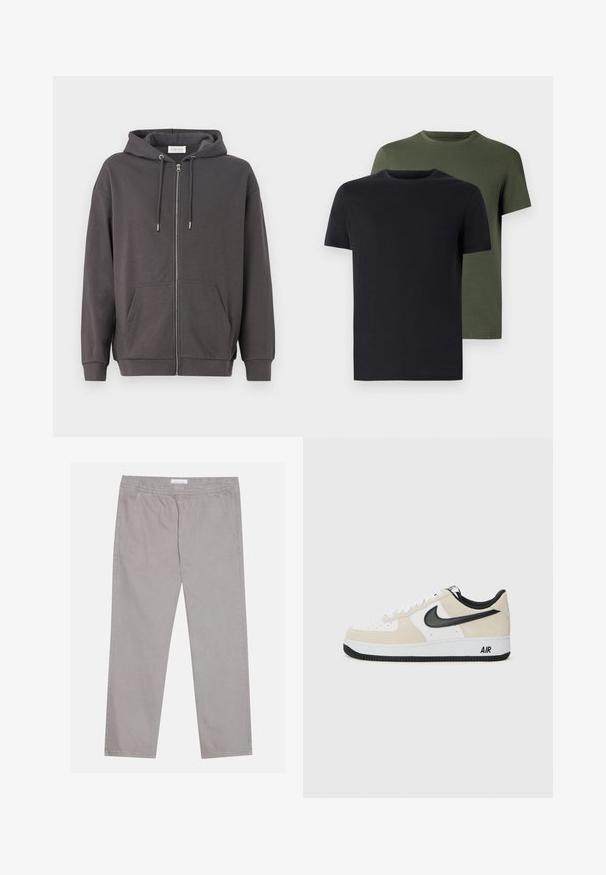Produto: Sweatshirt cinza com capuz e cordão, grandes bolsos frontais e punhos canelados; feita de um tecido macio e suave.; Duas t-shirts de gola redonda nas cores preto e verde-oliva, feitas de um tecido de algodão suave. O design é simples, com mangas curtas e corte reto.; Calças de algodão cinza claro com faixa elástica na cintura, dois bolsos laterais, design de perna reta e uma textura suave. Detalhe de costura simples.; Sapatilhas com parte superior em camurça bege claro e couro branco, swoosh da Nike em preto, detalhes em preto e uma sola de borracha branca com a marca "AIR".