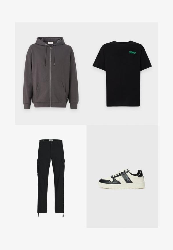 Pelēks džemperis ar rāvējslēdzēju, ar kapuci ar aukliņu, lielām priekšējām kabatām un ribotām piedurknēm; izgatavots no mīksta, gluda auduma.; Melna kokvilnas t-kreka ar īsām piedurknēm. Uz priekšu ir zaļa "ROOTS" logo, apaļa kakla izgriezums un standarta piegriezums.; Melni cargo bikses ar taisnu piegriezumu, ar sānu kabatām, pogu aizdari un elastīgām auklām pie potītēm. Izgatavotas no izturīga auduma.; Ādas sporta apavi ar melnbaltu krāsu shēmu, ar perforētiem akcentiem, mīkstinātu apkakli un teksturētu zoli.