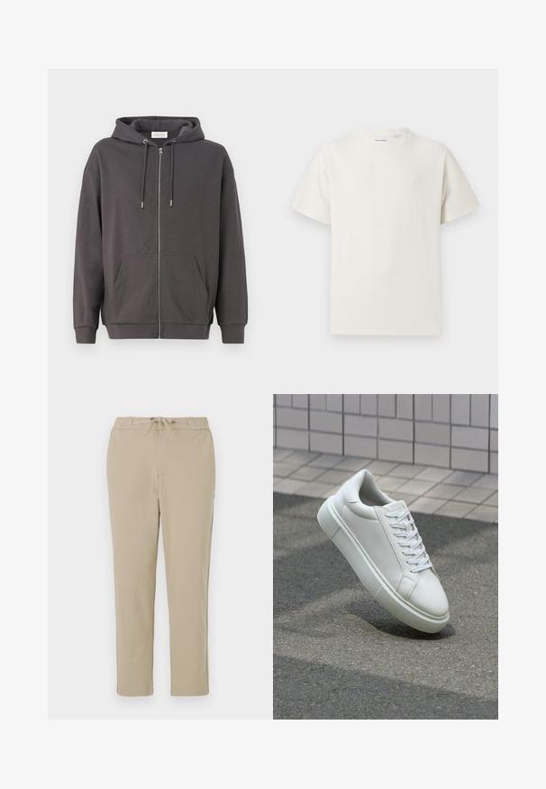 Hall grisiga tõmblukuga kapuutsiga, suurte esikottide ja soonikkäistega; valmistatud pehmest ja siledast kangast.; Valge lühikeste varrukatega T-särk ribakudumises. Ümar kaelus, mugav lõige, nähtavad mustrid ega aksessuaarid puuduvad. Lihtne ja mitmekesine disain.; Beežid vabaaja püksid elastse vöökohtaga ja paelaga, sirge sääre disainiga ning pehme, sile tekstuuriga.; Valge nahkline sneka, millel on sile pind, ümar varvas ja lame valge pael. Omab tekstuuriga kummist talla ja minimaalset kujunduselementi.