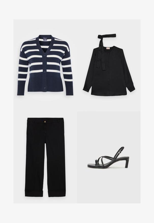 Jūras spēku un baltā svītrainā jaka ar V-veida kaklu, sešām pogām, ribinātu apakšmalu un aprocēm, kā arī priekšējiem kabatām. Izgatavota no mīksta adīta materiāla.; Melna ilgā piedurkne blūze no gluda auduma, ar pogu aizdari priekšā un saites detaļu ap kaklu. Klasisks apkakles un aproču dizains.; Melnas kokvilnas bikses ar taisnu kāju griezumu, aprīkotas ar priekšējām kabatām, zelta pogas aizdari un rullētām piedurknēm. Gluda tekstūra.; Melnas strappy sandales ar kvadrātveida purngaliem un zemu bloku papēdi. Ievērojamas ar vairākiem plāniem siksniņām un regulējamu potītes siksniņu. Izgatavotas no gludas ādas.